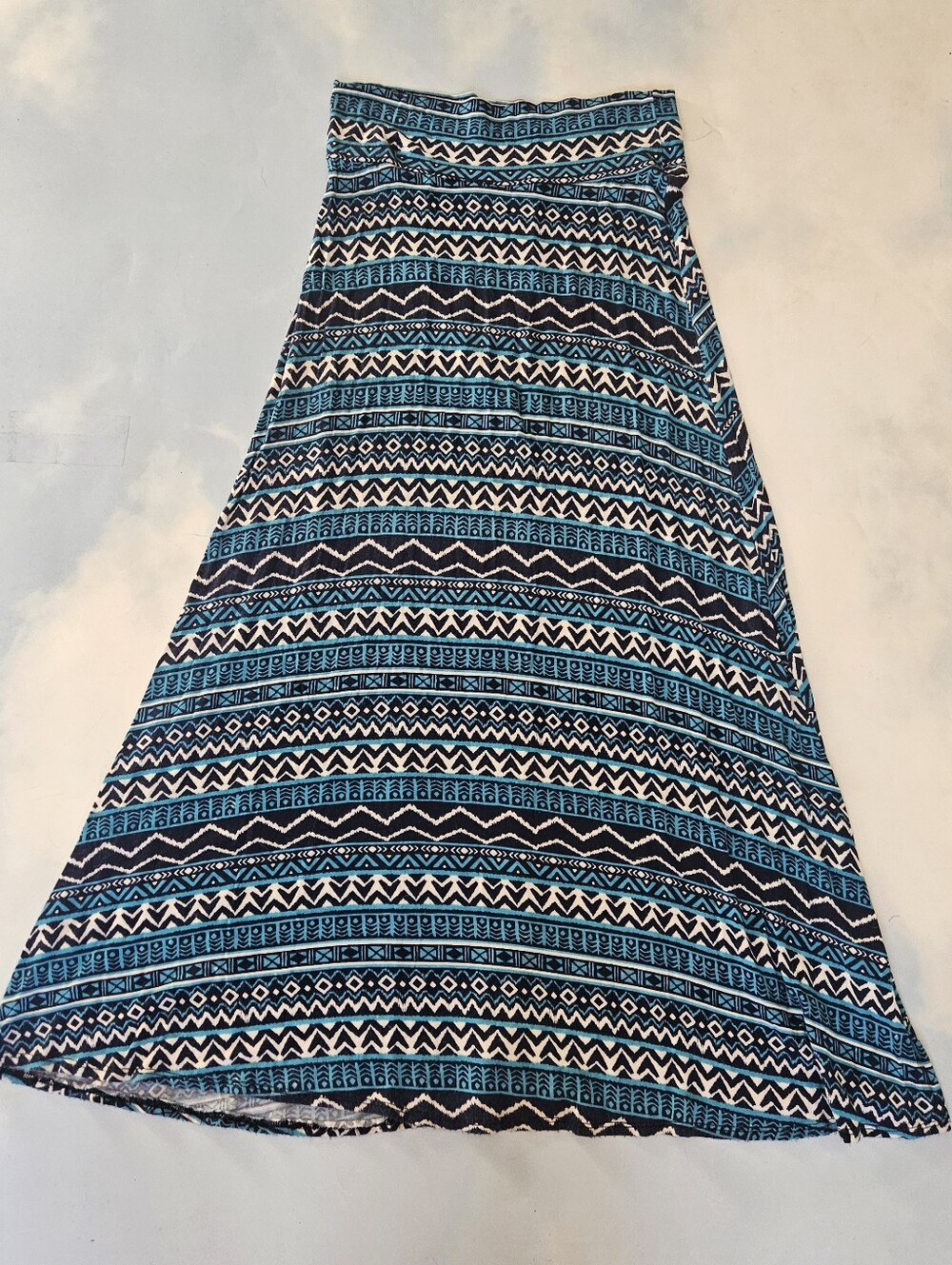 Blue Patterned Knit Maxi Skirt Aztec Stripe